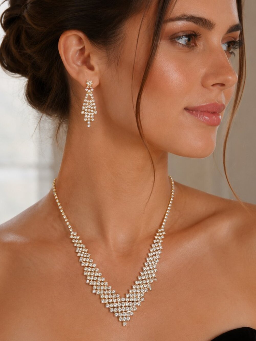 Gold Tone CZ Rhinestone Necklace & Earring Fringe Set Cubic Zirconia Jewelry